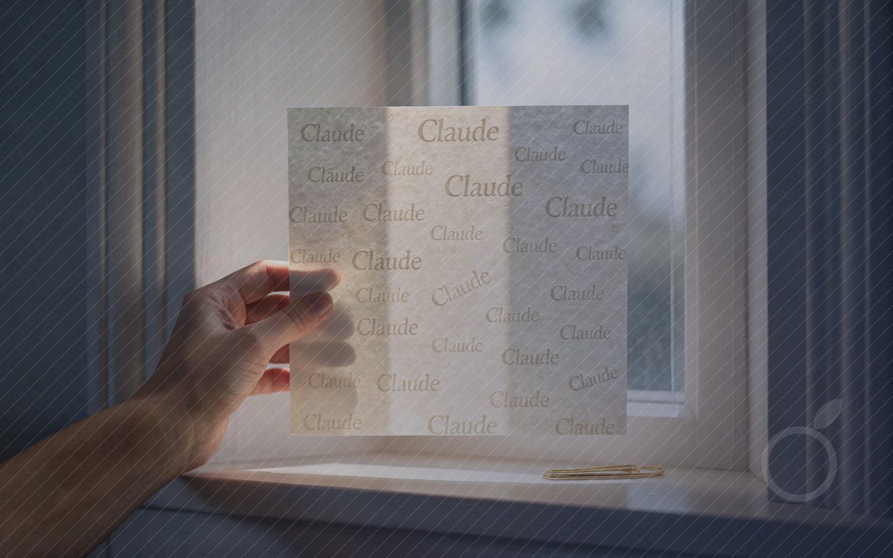 Une main tient une feuille à contre-jour devant une fenêtre, le mot Claude apparaît en filigrane dans le papier.