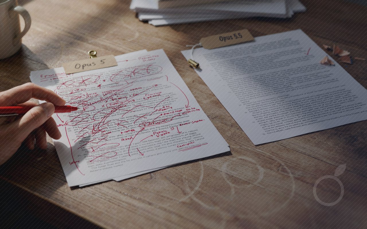 Une main au stylo rouge annote une page criblée de ratures près d'une page presque nette, illustrant la qualité d'écriture de Claude Opus 5.5.