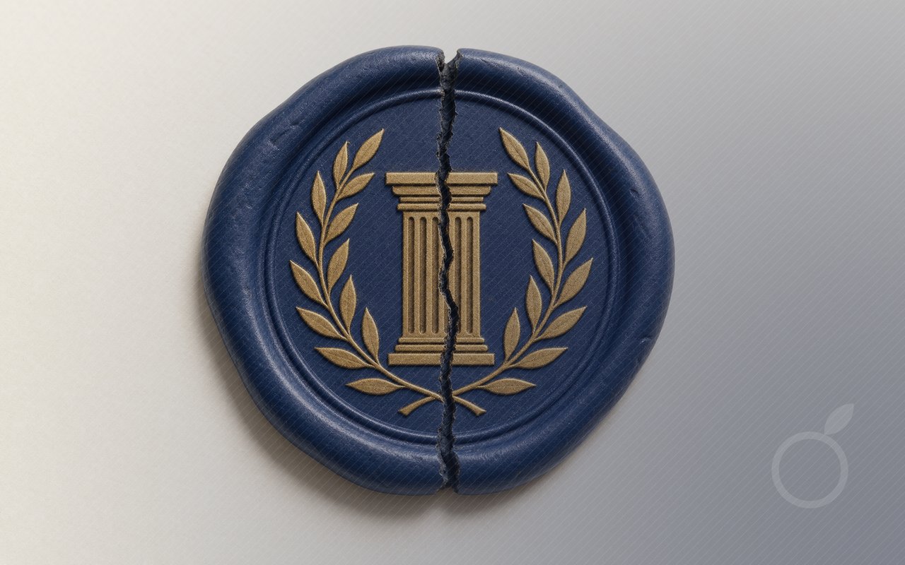 Sceau de cire bleu marine fissuré, gravé de colonnes dorées, illustrant l'appel de 150 organisations à une cyberdéfense mondiale.
