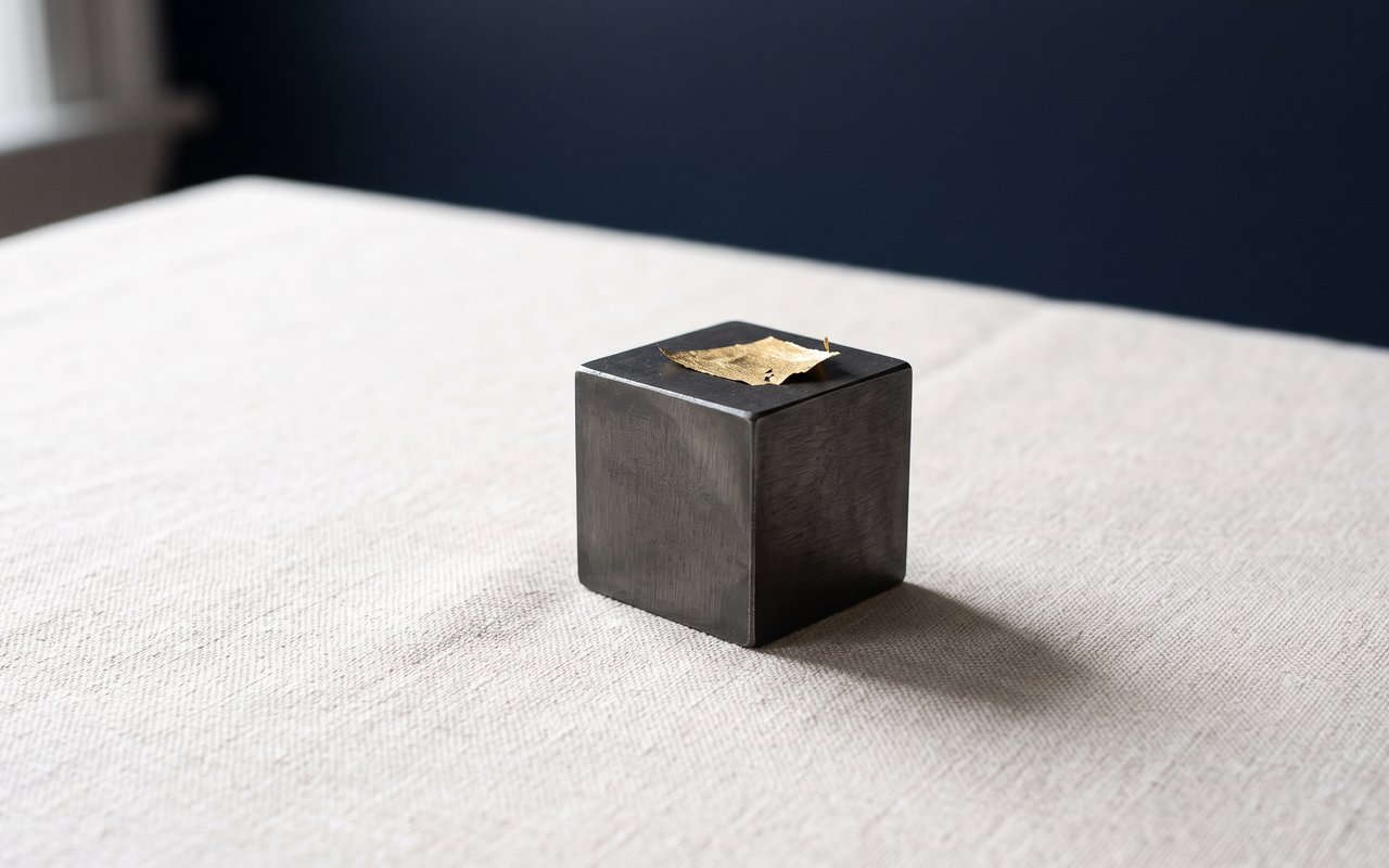 Petit cube métallique sombre posé sur un tissu ivoire, avec un fragment de feuille d'or posé sur le dessus, fond bleu marine uni.